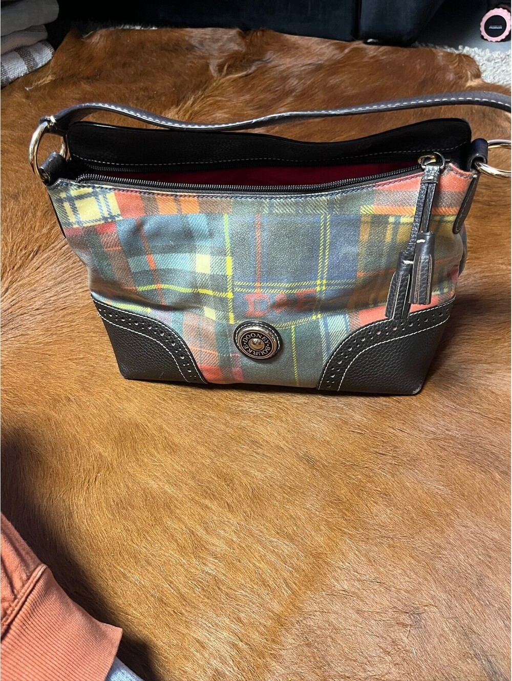 Dooney and Bourke Plaid shoulder bag with brown leather trim